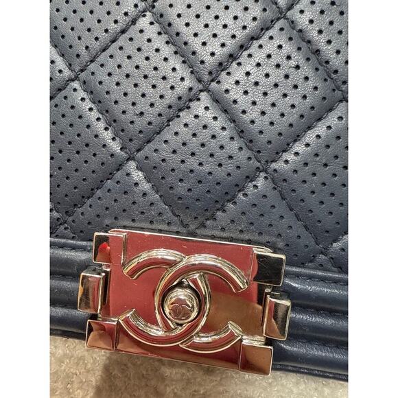 Chanel Boy Bag Medium Perforated Navy Blue Calfskin Leather with Silver Hardware - Picture 6 of 8